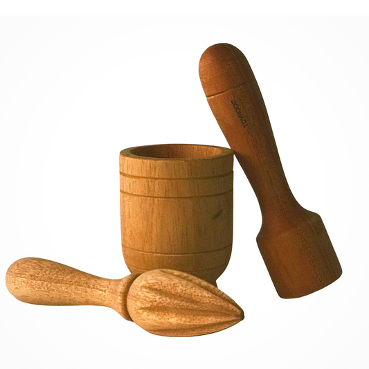 Little Sous Chef's Real Kitchen Tools - Wooden Citrus Fruit Juicer & Wooden Mortar & Pestle