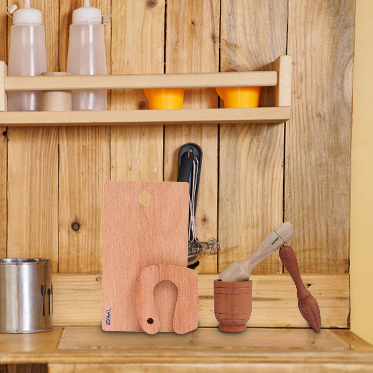 Little Sous Chef's Real Kitchen Tools - Montessori Knife & Cutting board,wooden  Citrus Fruit Juicer & Wooden Mortar & Pestle