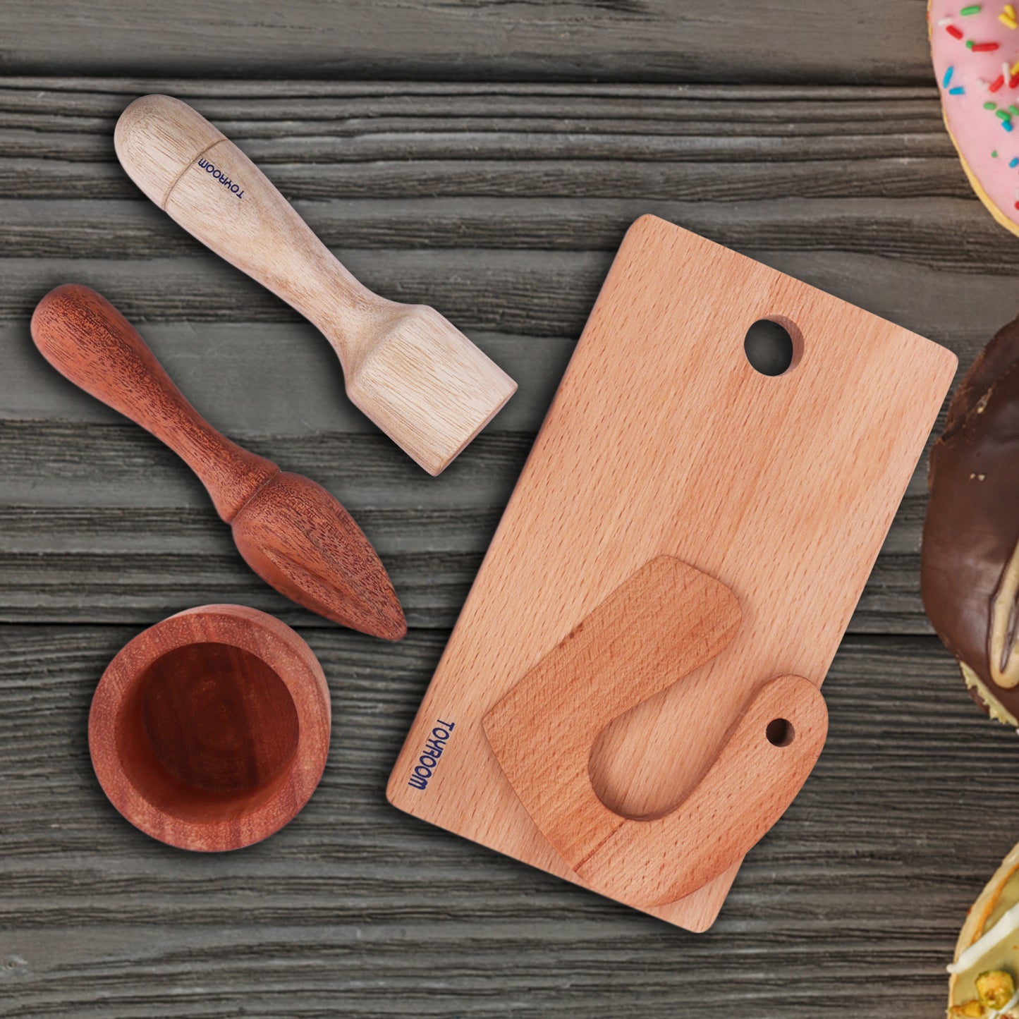 Little Sous Chef's Real Kitchen Tools - Montessori Knife & Cutting board,wooden  Citrus Fruit Juicer & Wooden Mortar & Pestle