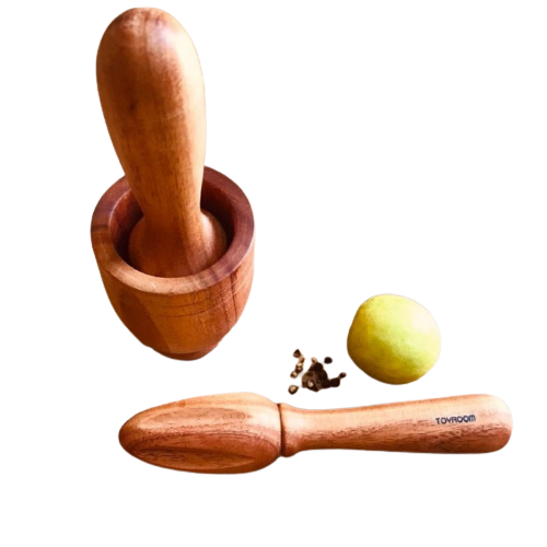 Little Sous Chef's Real Kitchen Tools - Wooden Citrus Fruit Juicer & Wooden Mortar & Pestle