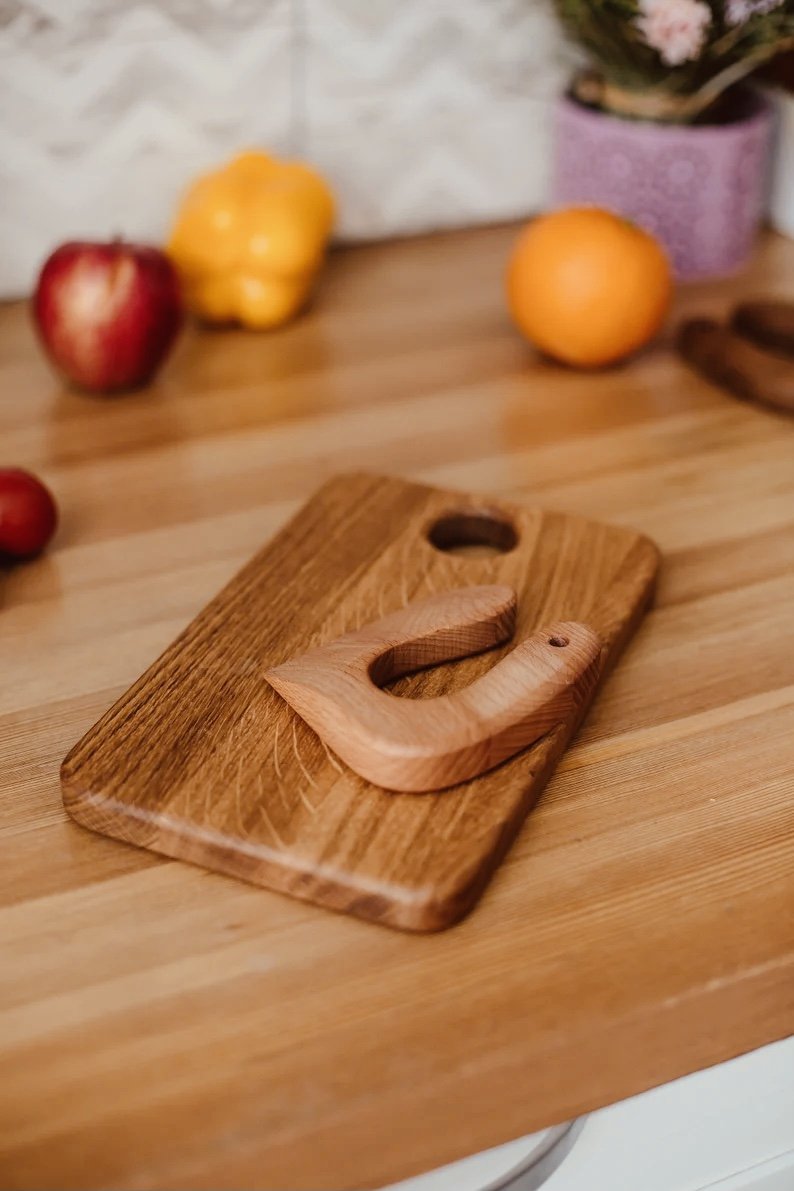 Little Sous Chef's Real Kitchen Tools - Montessori Knife & Cutting board,wooden  Citrus Fruit Juicer & Wooden Mortar & Pestle