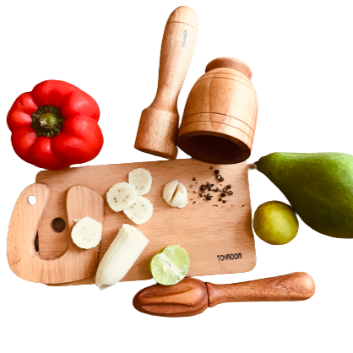 Little Sous Chef's Real Kitchen Tools - Montessori Knife & Cutting board,wooden  Citrus Fruit Juicer & Wooden Mortar & Pestle